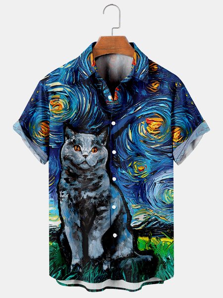 Mens Van Gogh The Starry Night with British Shorthair Cats Lapel Loose Short Sleeve Funky Hawaiian Shirts, Blue, Men's Floral shirt
Mens Van Gogh The Starry Night with British Shorthair Cats Lapel Loose Short Sleeve Funky Hawaiian Shirts, Blue, Men's Floral shirt