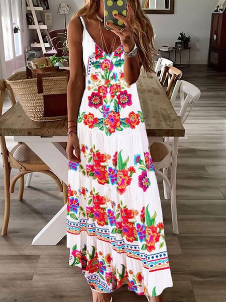 Regular Fit V Neck Floral Sleeveless Knit Dress, White, Maxi Dresses