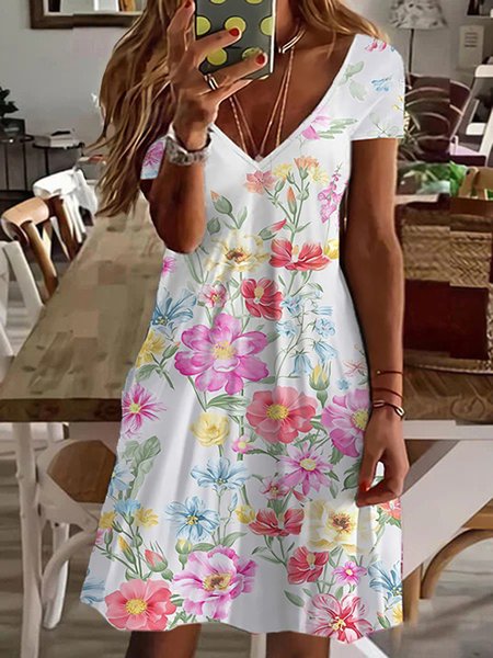 Boho Floral Casual V Neck Short Sleeve A-line Dress, White, Mini Dresses