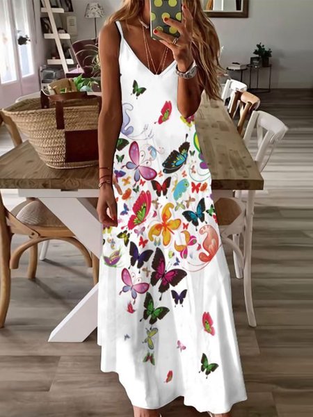 Regular Fit Casual Butterfly Sleeveless Knit Dress, White, Maxi Dresses