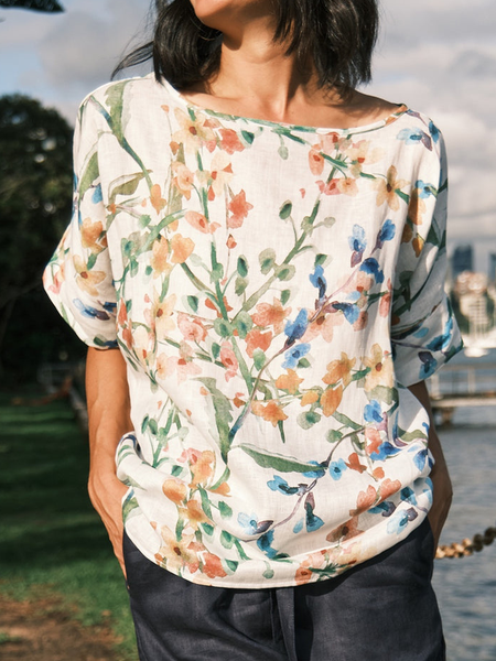 Casual Floral Short Sleeve Tops, White, Tops