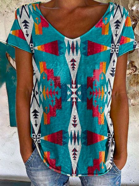 V Neck Loosen Short Sleeve T-Shirt, Blue, T-Shirts