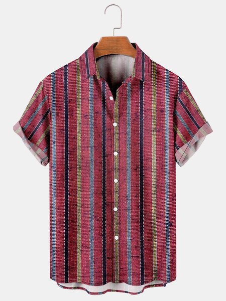 Cotton Linen Style American Casual Striped Versatile Linen Shirt, As picture, Men's Floral shirt