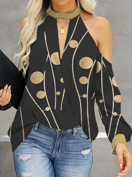 Hollow Out Geometric Abstract Long Sleeve Tops, Black, Long sleeve tops