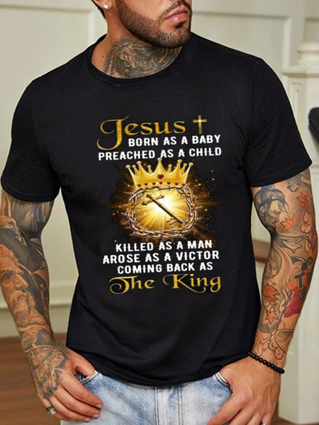 Easter Cross Letter Print Men's Casual Short Sleeve T-Shirt, Black, T-Shirts