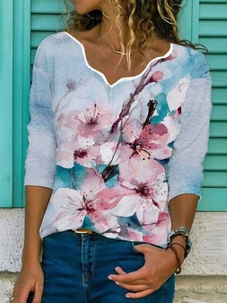 Floral Printed Casual V Neck Long Sleeve T-Shirt, Light blue, T-Shirts 
Floral Printed Casual V Neck Long Sleeve T-Shirt, Light blue, T-Shirts
