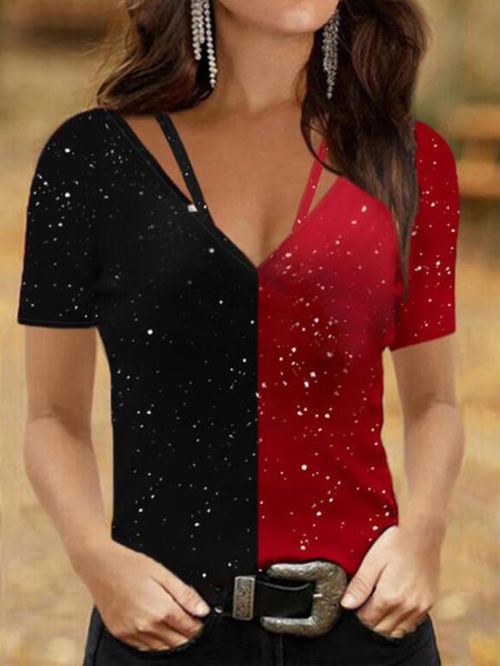 Casual Plain V Neck Short Sleeve T-Shirt, Red, T-Shirts