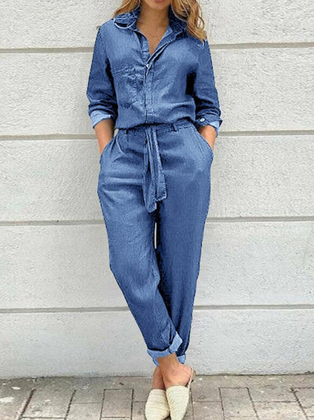 Casual Pockets Shirt Collar Jumpsuit & Romper With Belt, Blue, Jumpsuits&Rompers
Casual Pockets Shirt Collar Jumpsuit & Romper With Belt, Blue, Jumpsuits&Rompers
