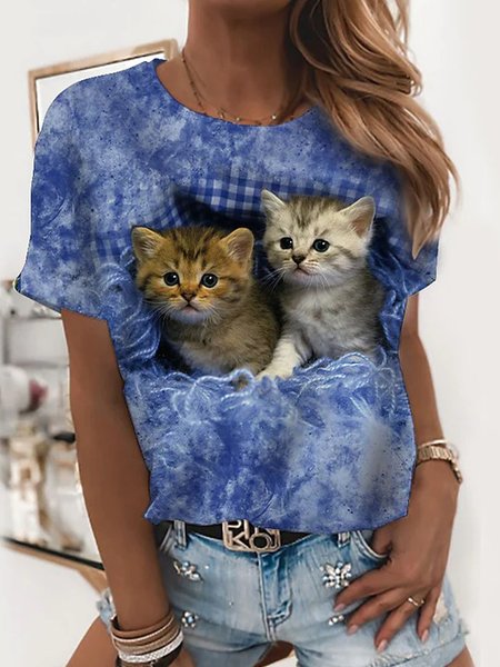 Cats Short Sleeves Crew Neck Plus Size Casual Tops, Blue, T-Shirts