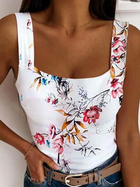 Romantic Floral Square Neck Regular Fit Neck Knit Tank, Flower, Tank Top