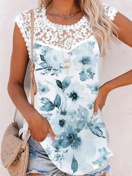 Lace Floral Crew Neck Casual Knit Tank, White, Tank Top