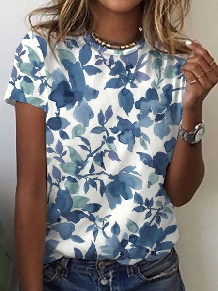 Casual Floral Short Sleeve Round Neck Plus Size Printed Tops T-shirts, Blue, T-Shirts