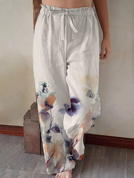 Floral Casual Loose Mid Waist Polyester Pants, White, Pants