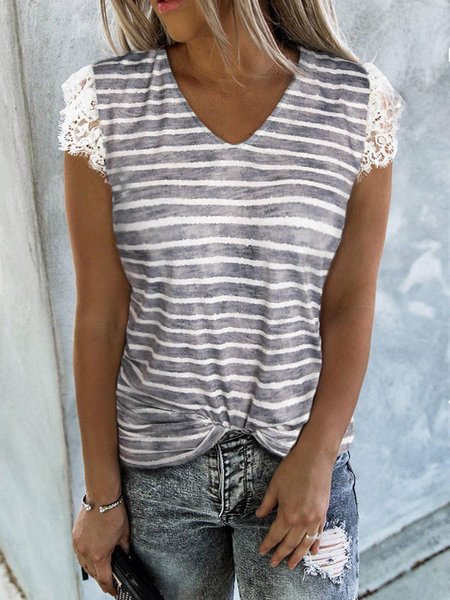 Lace Sleeves Stitching Striped Print Spring New Explosive Casual Ladies Short Sleeve Tops, Multicolor, T-Shirts
Lace Sleeves Stitching Striped Print Spring New Explosive Casual Ladies Short Sleeve Tops, Multicolor, T-Shirts