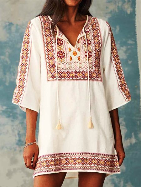 Tribal V Neck Casual Long Sleeve Woven Dress, Orange, Mini Dresses