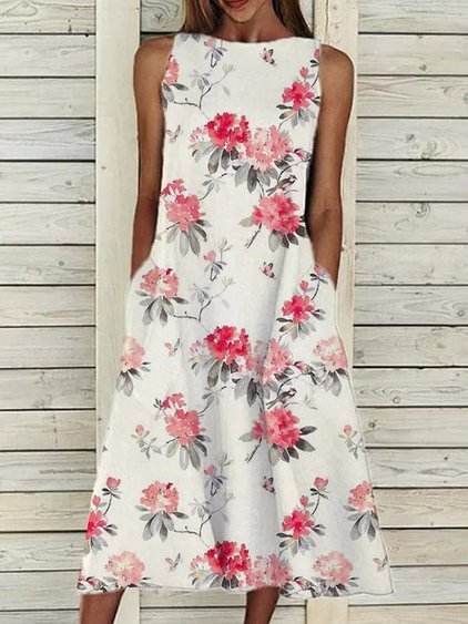 Floral Loosen Vacation Short Sleeve Woven Dress, Red, Dresses