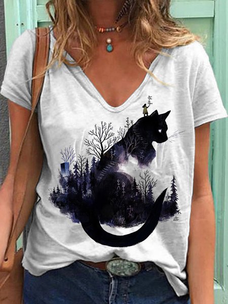 V Neck Short Sleeve T-Shirt, White, T-Shirts