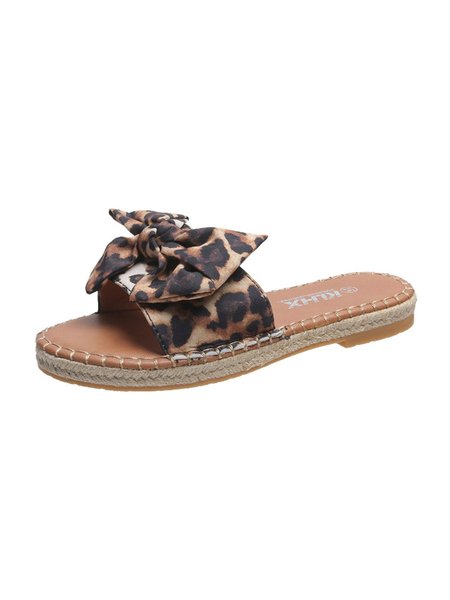 Women's Leopard Print Bow Woven Bottom Slippers, Brown, Slippers