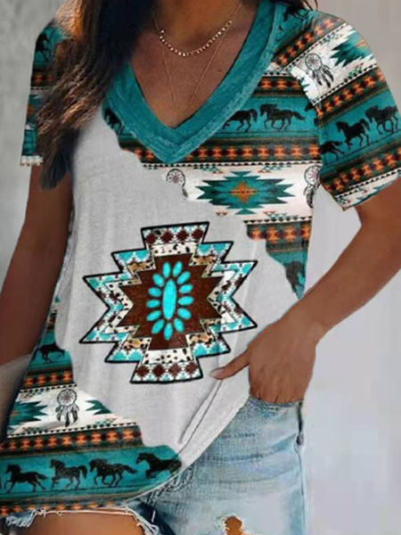 Tribal V Neck Boho Short Sleeve T-Shirt, Green, T-Shirts