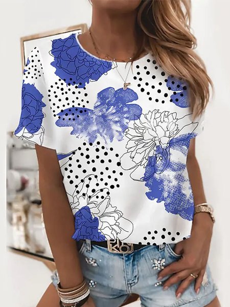 Round Neck Floral Regular Fit Short Sleeve T-Shirt, White, T-Shirts
