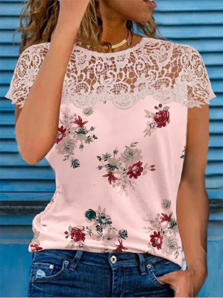 Casual Lace Floral Short Sleeve Round Neck Plus Size Printed Tops T-shirts, Pink, T-Shirts