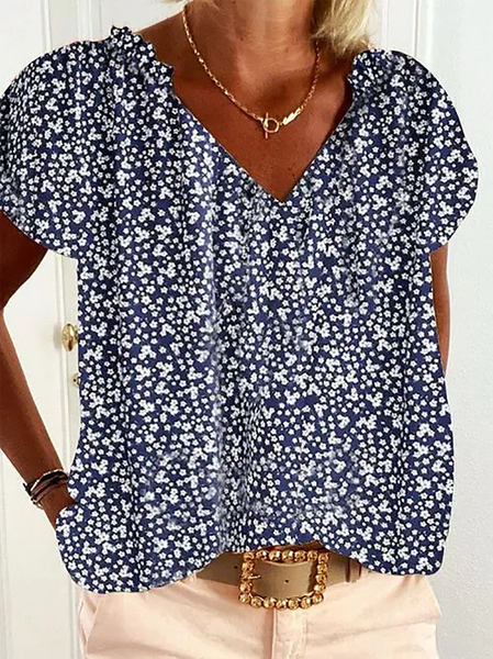 Plus size Casual Floral Short Sleeve Tops, Blue, Tops
