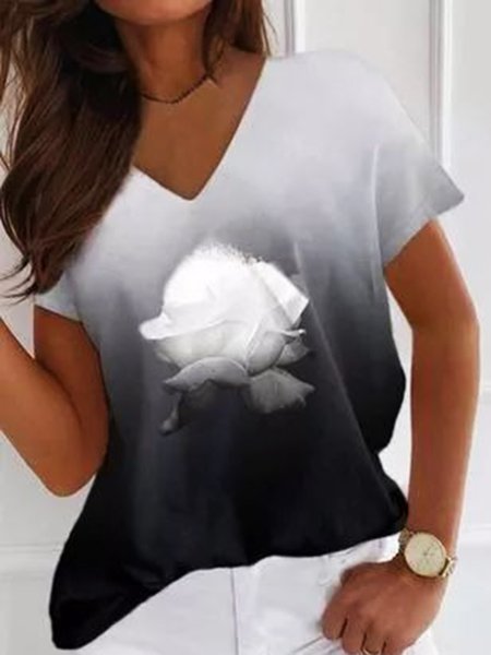 Casual Floral Ombre Printed V Neck Loosen Short Sleeve T-Shirt, Black-white, T-Shirts
Casual Floral Ombre Printed V Neck Loosen Short Sleeve T-Shirt, Black-white, T-Shirts