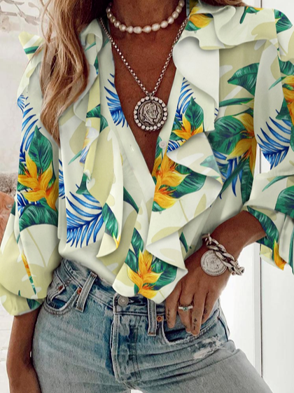 Tropical Print Ruffle Hem Flounce Sleeve Top, Yellow, Blouses & Shirts