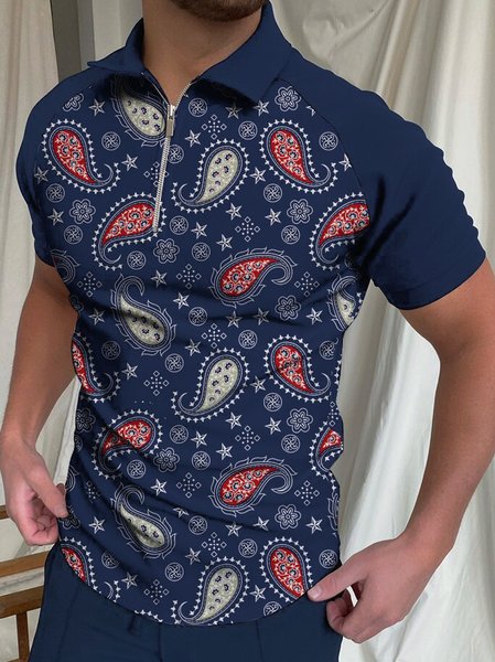 Mens Paisley Floral Short Sleeve Polo Shirt, Blue, Men's t-shirts