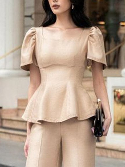 Round Neck Short Sleeve Top, Khaki, Tops