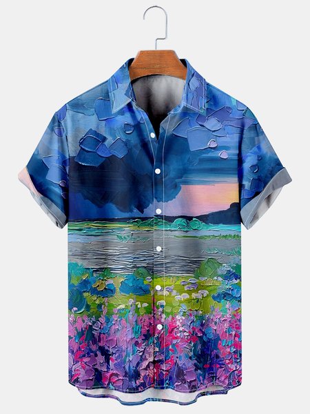 Men's Art Oil Print Short Sleeve Hawaiian Shirt, Blue, Men's Floral shirt
