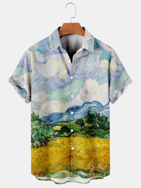 Men's Oil Painting Print Casual Breathable Short Sleeve Hawaiian Shirt, Yellow, Shirts & Blouse