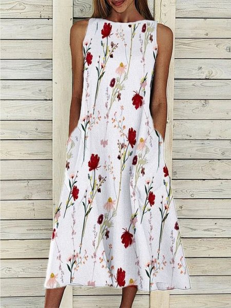 Floral Sleeveless Crew Neck Pockets Plus Size Casual Dresses, White, Midi Dresses