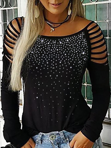 Casual Cotton Blends Loosen Long Sleeve Blouse Tops, Black, Tops