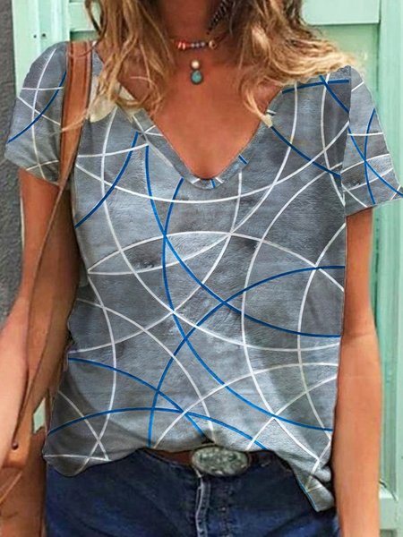 Geometric Printed Casual V Neck Short Sleeve Loosen T-Shirt, Gray, T-Shirts