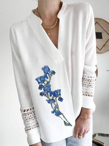 Floral V Neck Regular Fit Long Sleeve Blouse, White, Shirts & Blouses