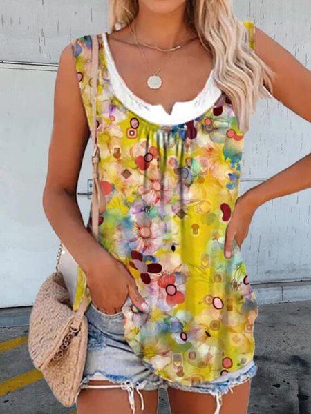 Casual Floral Sleeveless Round Neck Plus Size Printed Tank Top Vests, Yellow, Tank Top