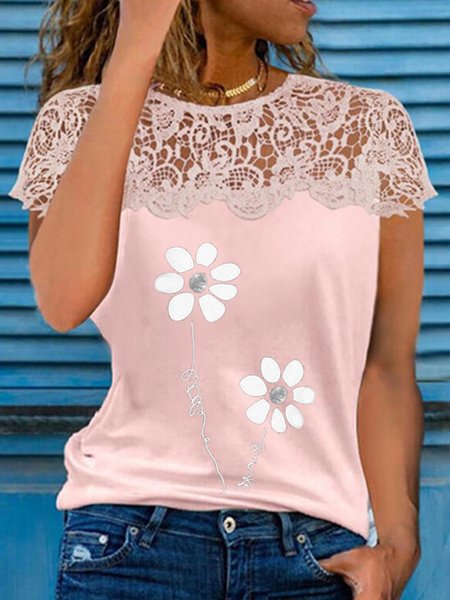 Casual Floral Loosen Crew Neck Short Sleeve T-Shirt, Pink, T-Shirts