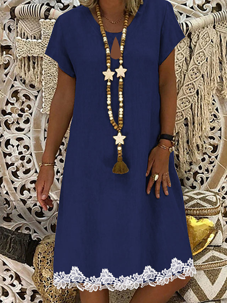 Boho Crew Neck Short Sleeve Knit Dress, Deep blue, Mini Dresses