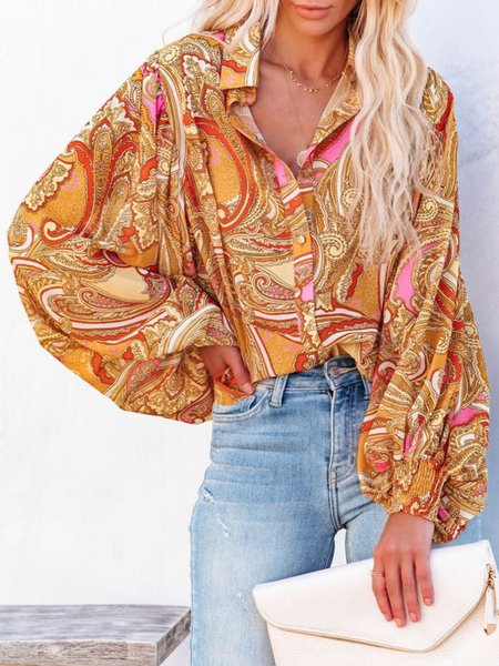 Casual Long Sleeve Shirt Collar Plus Size Printed Blouses, Orange, Blouses & Shirts