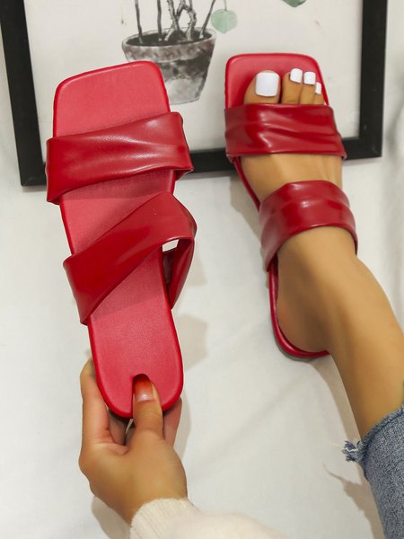 Women's Summer Colorful Pleated Strap Slippers, Red, Women Shoes>>Women's Shoes>>Women sandals Slippers