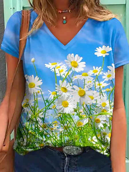 Casual V Neck Short Sleeve T-Shirt, Blue, T-Shirts