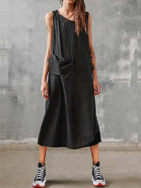 Cotton Casual Short Sleeve Woven Dress, Black, Midi Dresses
