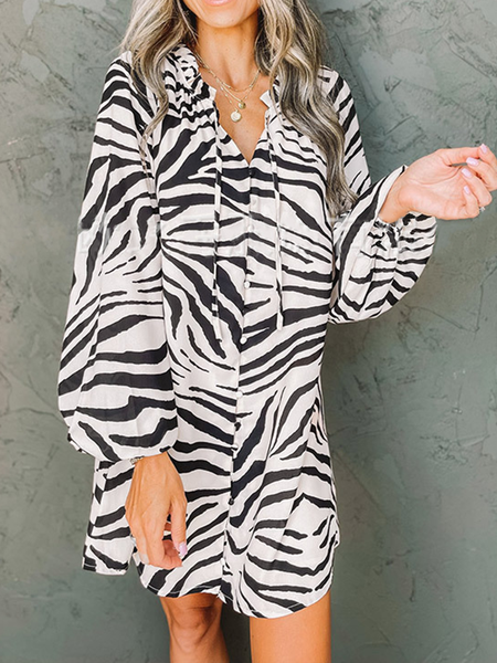 Casual Stand Collar Long Sleeve Woven Dress, Black, Mini Dresses