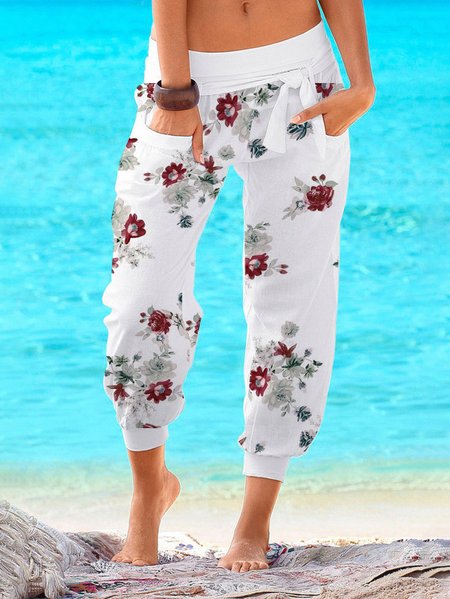 Casual Cotton Blends Loosen Pants, White, Pants