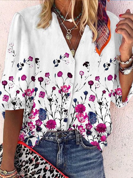 Casual Floral V Neck Loosen Three Quarter Tops, White, Tops
