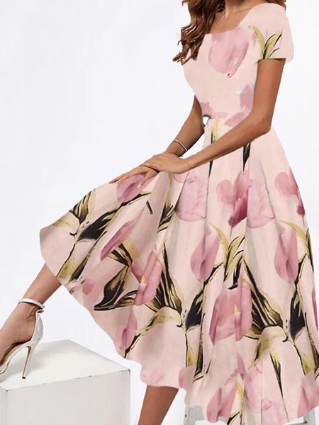 JFN Square Neck Floral Formal Vacation Midi Dresses, Pink, Floral Dresses