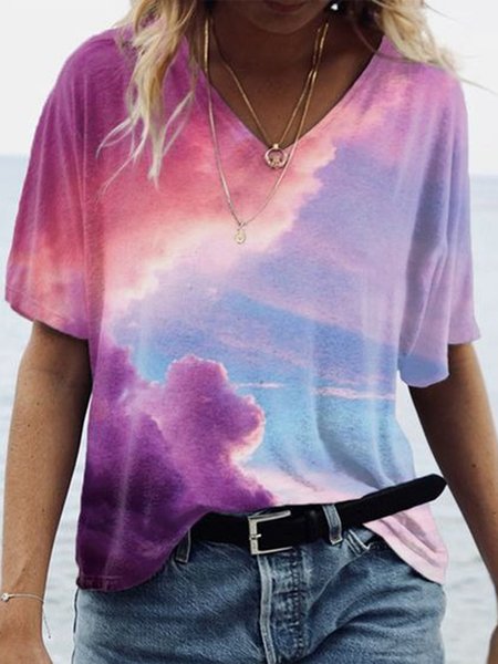 Landscape Print Casual V Neck Short Sleeve Loosen T-Shirt, As picture, T-Shirts