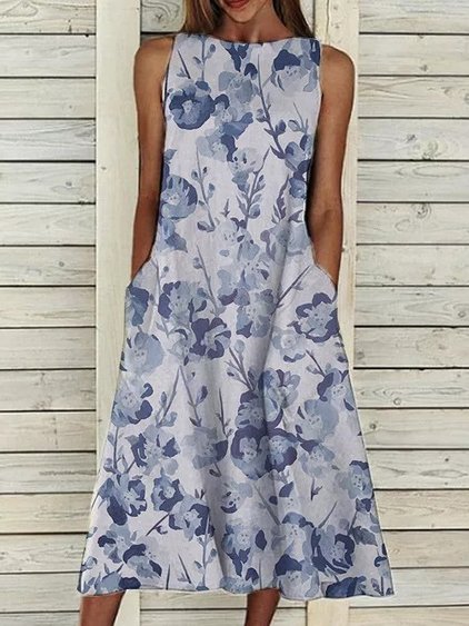 Crew Neck Floral Loosen Short Sleeve women Dress, Blue, Dresses