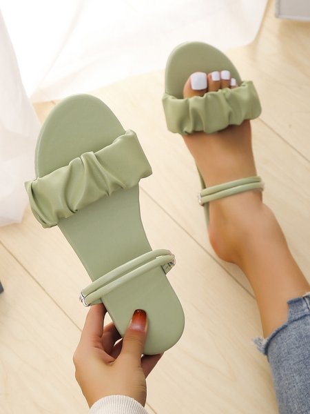 Solid Color Crinkled Adjustable Metal Button Sandals, Green, Sandals